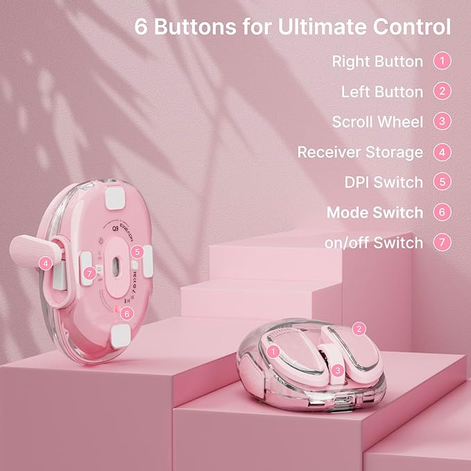 EWEADN Q9 Wireless Clear Mouse Dual Mode Bluetooth & 2.4G USB Computer Mouse with RGB Lighting, Silent Clicks, Multi-Device Compatibility for Laptop, PC, MacBook, iPad Cute Mouse-Pink