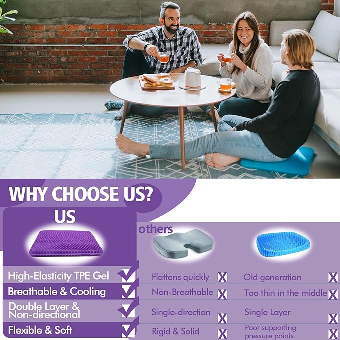 Purple Gel Seat Cushion, 19.7" Extra Large Double Thick Chair Cushions for Office Chair, Wheelchair, Car Seat, Couch, Stadium Seat Cushion for Tailbone Pain Relief, Cooling & Breathable Seat Cushions