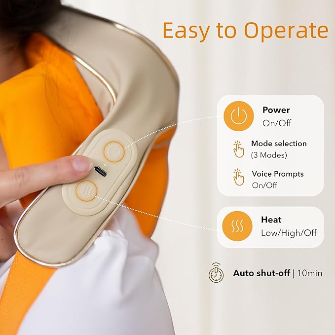 Cordless Neck and Shoulder Massager with Heat and Voice Prompts, Compact and Lightweight, Deep Tissue Shiatsu Neck and Back Massager for Pain Relief, Gifts for Women, Men, Mom and Dad