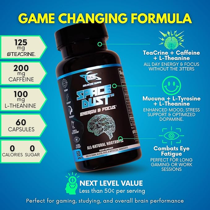 Space Dust Brain Supplement – Focus, Energy & Mood Support – 8-in-1 Nootropic for Brain Fog & Reaction Time – with TeaCrine, L-Theanine, L-Tyrosine, Mucuna – Gamer & Professional Formula