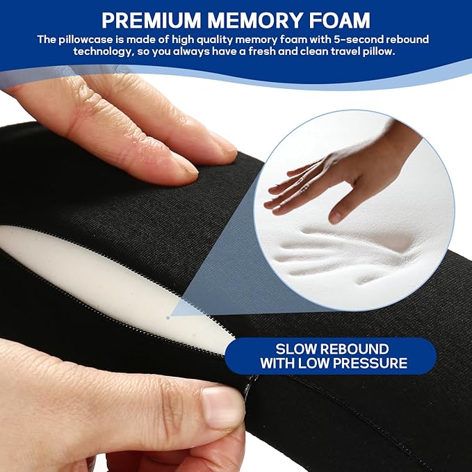 Badink®l Memory Foam Neck Travel Pillow, Neck Pillow Airplane with MagicStrap – Adjustable Ergonomic Travel Pillow for Office/Airplane/Car, Washable Cover, Portable Cervical Support （Black）
