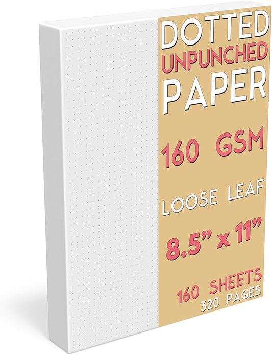 Dotted Grid Paper, Letter Size, 160 Sheets/320 Pages, 160 GSM Maximum Thickness, 8.5 x 11 inch, White, Unpunched, for Calligraphy, Journaling, Binder Refill Inserts, Writing, Art