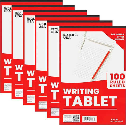 E-CLIPS USA Notepads, Ruled Writing Tablet, Note Pads 6 x 9, Small Notepads, Memo Pad, White, Chipboard Back, Writing Pad, Office Supplies, 100 Sheets Per Pad (6 Pack)