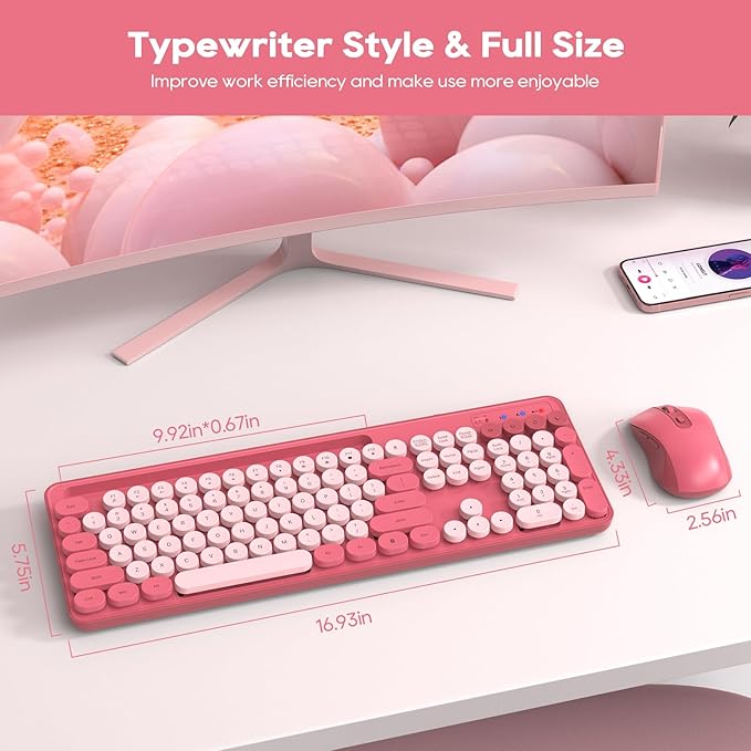 Wireless Keyboard and Mouse Combo, Retro Round Keycaps, Cute Full-Size Typewriter Keyboard with Phone Holder, Sleep Mode, Click Soft, 2.4GHz Cordless Connection for Windows/PC/Laptop (Pink-Colorful)