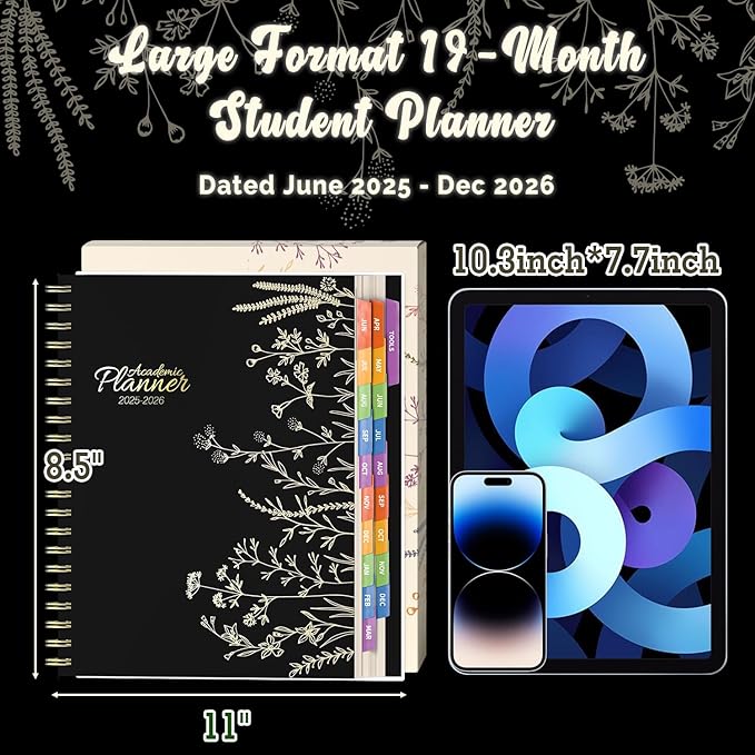 Jun 2025-Dec 2026 Academic Monthly Weekly Daily Planner for School, 19 Months Calendar 25-26 Planning Book with Colorful Tabs, 8.5" x 11" Mid Year College Organizer for Student Teacher (Black)