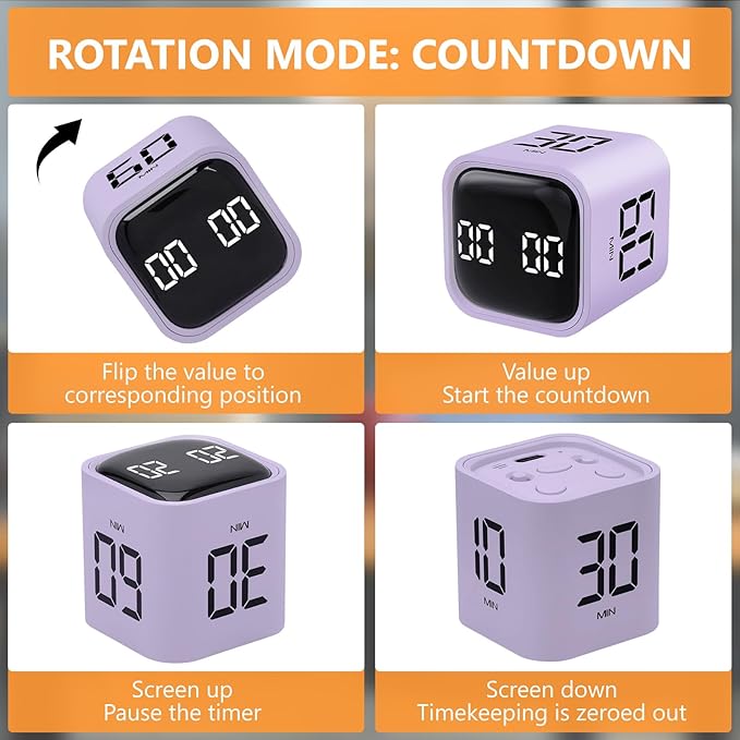 GuDoQi Multi-Function Cube Timer, 5/10/30/60 Min & Custom Count Down, Included Pause & Resume Feature, Silent, Vibrate & Adjustable Sound Alarm for Productivity in Tasks, Study & Kitchen, Purple
