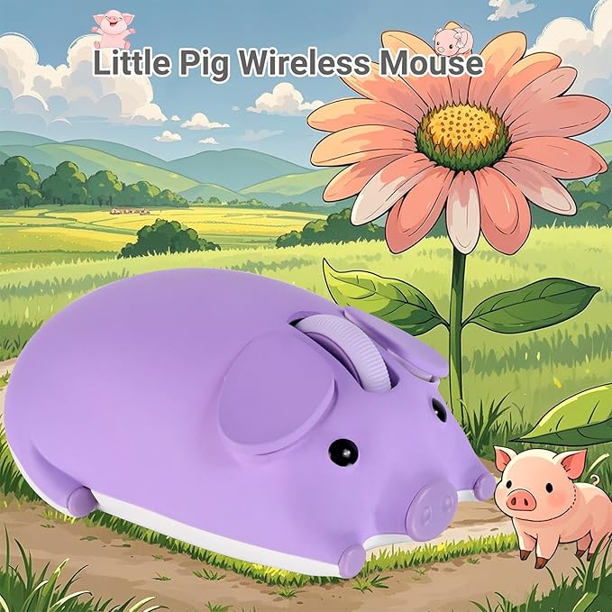 Cute Pig Design Wireless Mouse - Dual Mode Bluetooth & USB, Silent Operation, Ergonomic, Ideal for Laptops & PCs, for Animal Lovers and Family (Purple)