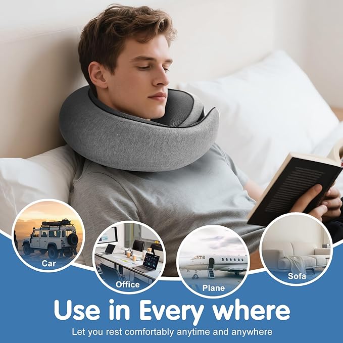 Ergonomic Travel Neck Pillow with Memory Foam Support – Comfortable Airplane Pillow for Adults, Portable Neck Cushion for Car, Office and Long Flights with Eye Mask, Earplug Holder and Carry Bag
