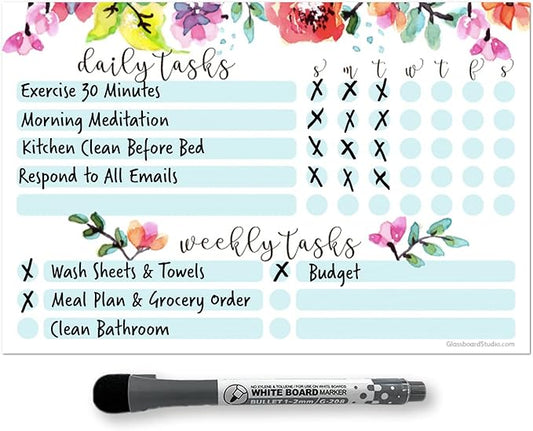 Dry Erase Whiteboard Task Planner | Removable and Restickable Adhesive Decal | Fine-Tip Magnetic Marker Included (6 x 9 inches, Floral)