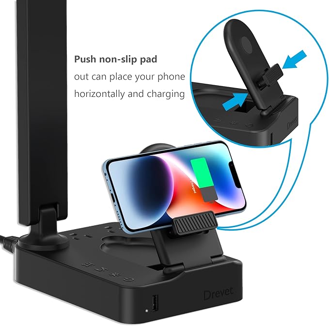 Drevet LED Desk Lamp with Wireless Charger, Desk Table Light with USB Charging Port and 2 Outlets, 3 Lighting Modes, 3 Level Brightness, 1H Timer, Touch Control, Eye-Caring Home Office Foldable Lamp