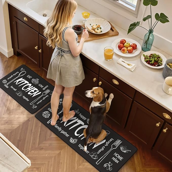 KIMODE Kitchen Mats 2PCS,Cushioned Anti Fatigue Farmhouse Kitchen Rugs and Mats,Non Slip Waterproof Kitchen Mats for Floor,Comfort Foam Standing Desk Mat for Home,Kitchen,Sink,Laundry,Black
