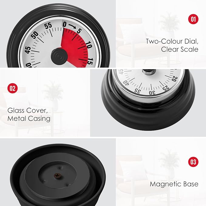 Visual Timer, Teeloray 60-Minute Countdown Timer, Kitchen Timer with Magnetic Base, Mechanical Clockwork, Ringer Alert, Time Management Tool for Children and Adults, Study/Work/Cooking (Black)