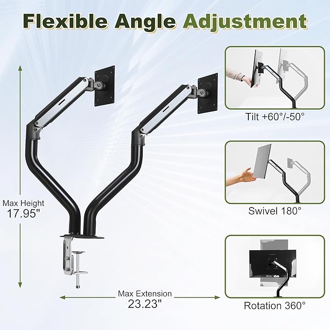 NicBex Dual Monitor Arms, 17-32 inch Monitor Stand for 2 Computer Screens, VESA Mount with 75/100 mm, Each Arm Supports Up to 20.94 lbs, Double Monitors Gas Spring Arm Desk Mount - Black