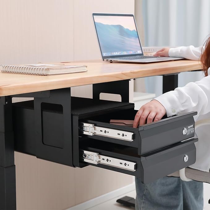 VEVOR Under Desk Double Stacked Lockable Slide Out Drawer, 13 inch Lockable Under Table Pull-out Drawer Attachment for Sit Stand Workstation, Secure Under Desk Storage Organizer, Black
