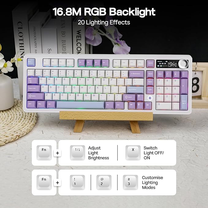 AJAZZ AK980 96% USB-C/BT5.0/2.4GHz Wireless Gaming Keyboard with 1.14’’ TFT Screen, Hot Swappable Creamy Mechanical Keyboard with FR4 Plate, Knob, RGB for Win/Mac (White, Gift V2 Switch)