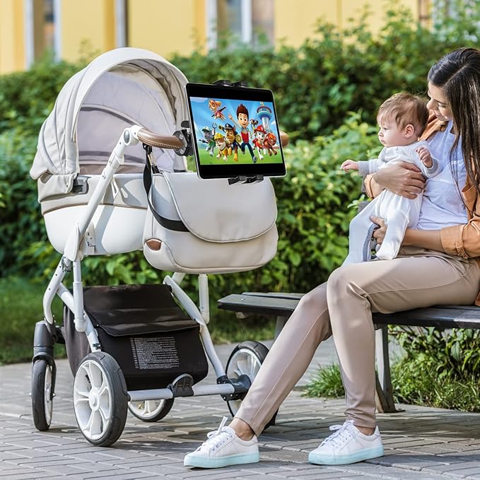 Stroller Tablet Holder for Baby, Phone iPad Holder Mount Handlebar Clamp for Golf Cart, Wheelchair, Scooter, Gym Bicycle, Workout Equipment, Tripod for iPad Pro 12.9, Air, Mini, Tabs, iPhone (4.7-13")