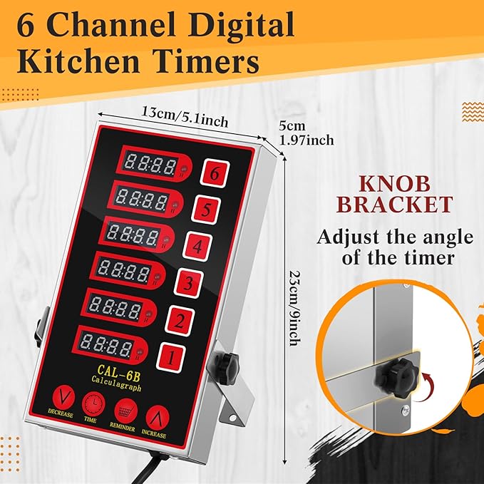 1 Pack 6-Channel Digital Kitchen Timer, Commercial Cooking Timer with Loud Alarm, Large LCD Display, for Restaurants, Baking, Labs, Multiple Independent Countdown Timers