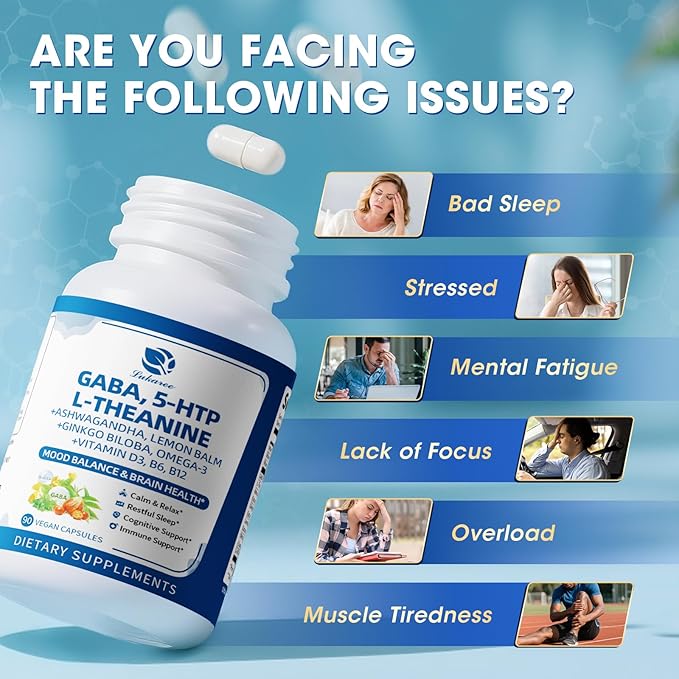 GABA Supplements 750mg with L Theanine, 5HTP, Ashwagandha, Lemon Balm, Ginkgo Biloba, Omega-3, 10 in 1 GABA Calm Capsules for Sleep, Relaxation, Focus, Mood Support, Cortisol Balance - 90CT