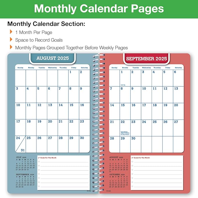 Global Datebooks Dated Middle School or High School Student Planner for Academic Year 2025-2026 Includes Ruler/Bookmark and Planning Stickers (Block Style - 5.5"x8.5" - Blue Colors)