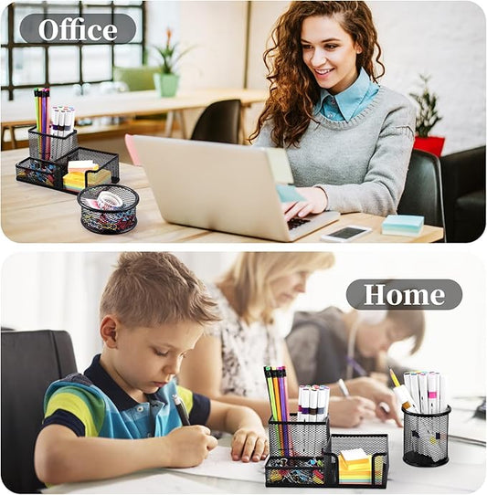 2 Pieces Pen Holder for Desk Mesh Metal Pencil Holders Pen Cup Marker Holder Desk Caddy with Sticky Notes Holder Pen Organizer for Office Supplies Workspace School Home Black