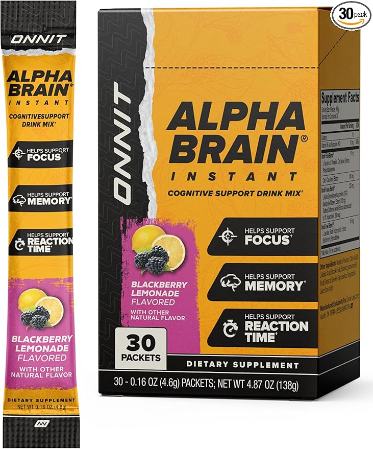 ONNIT Alpha Brain Instant Cognitive Support Drink Mix, BlackBerry Lemonade Flavor, Nootropic Supplement for Focus, Memory, and Clarity, 0.13 oz Packets, 30 Count