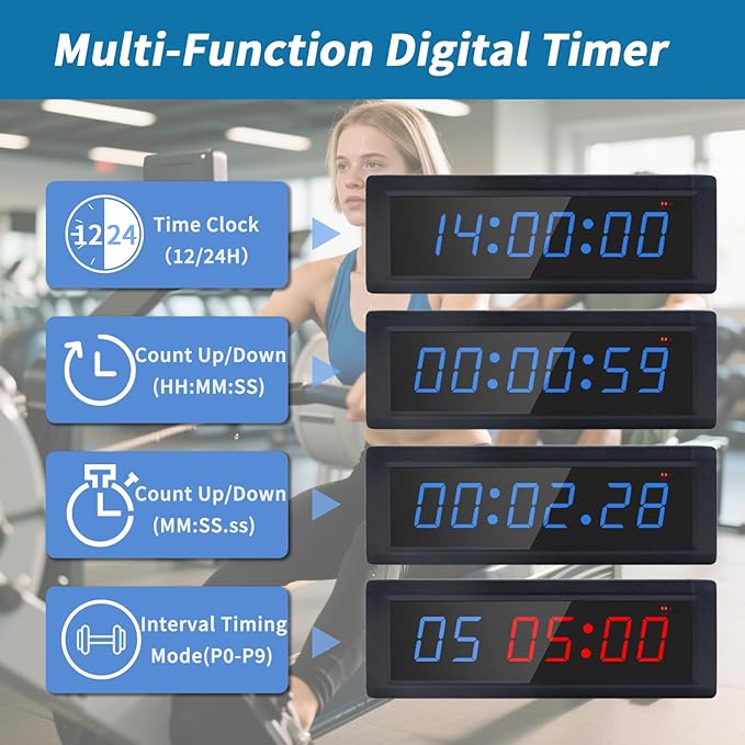 Gym Timer Clock with Remote Control & Wired Start/Stop Button,7 RGB Color, Programmable Interval Timer, Countdown/Up Stopwatch,Wall Clock for Home Gym Garage,Portable Training Accessories