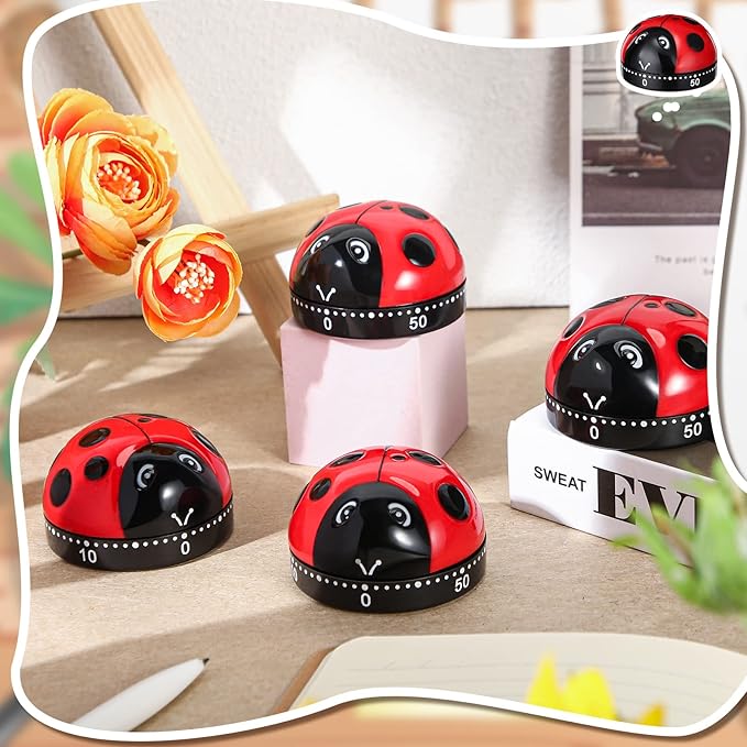 4 Pcs Ladybug Kitchen Timers for Cooking Cute Ladybug Cooking 60 Minute Mechanical Timer Red Black Kitchen Alarm Clock for Kids Reading Do Sports Baking Gifts, No Battery Required