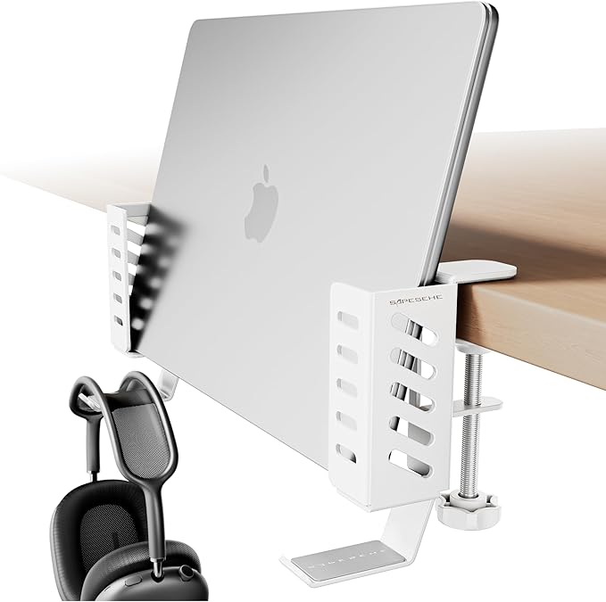 Desk Side Laptop Holder, Desk Side Storage, No Drill Side Desk Organizer, Side Desk Laptop Mount, Tablets Hanging Holder, Clamp on Desk Organizer for Laptops/Tablets/Keyboards/Headphone, White