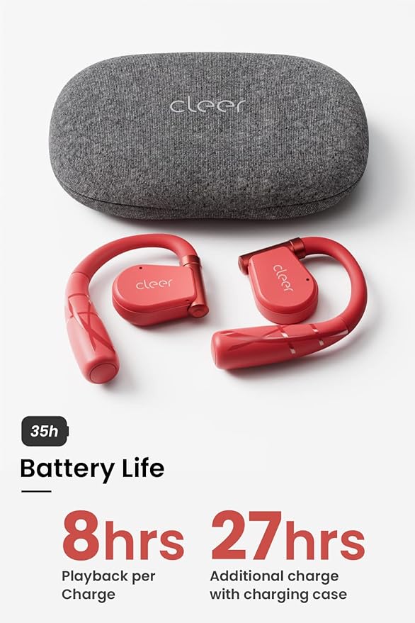 Cleer ARC II Sport Open Ear Headphones, True Wireless Ear Buds with Dual Mic, Sweat Resistant, Multi-Point Connect, 35 Hrs Playtime, Secure Fit, Bluetooth 5.3 Earbuds with Ear Hooks, Preset EQs, Red