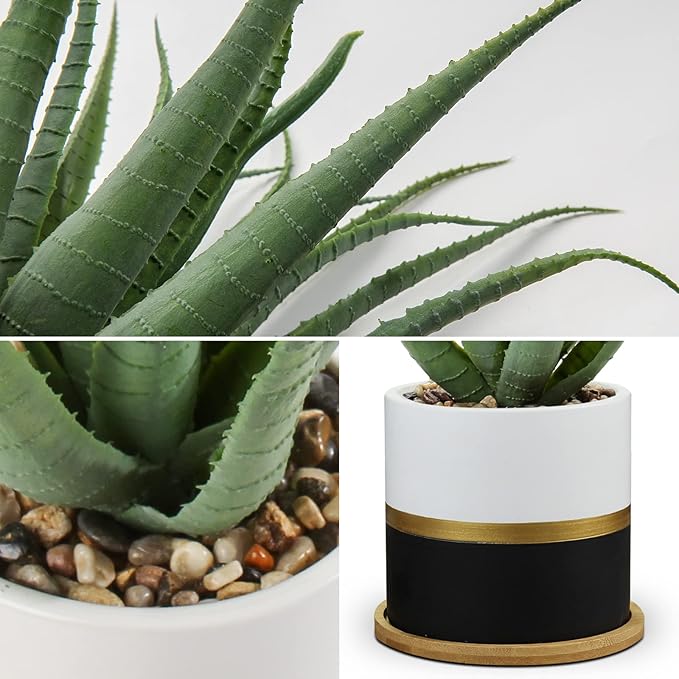 Briful Succulents Artificial Plants Fake Aloe Vera Plants in Gold and Black Pot Farmhouse Faux Agave Plant for Home Office Desk Bathroom Shelf Decorations