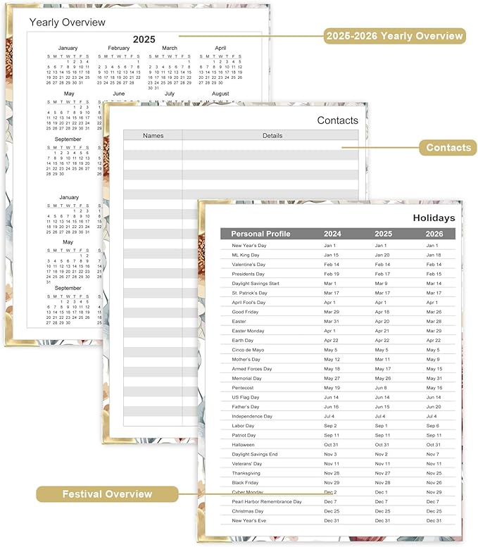 Undated Daily Monthly Planner for 2025 2026 - A4 To Do List with Hourly Schedule, Hardcover Spiral Bound Daily Planner to Increase Focus, Stylish School/Office Supplies, 8.5" x 11", Flower