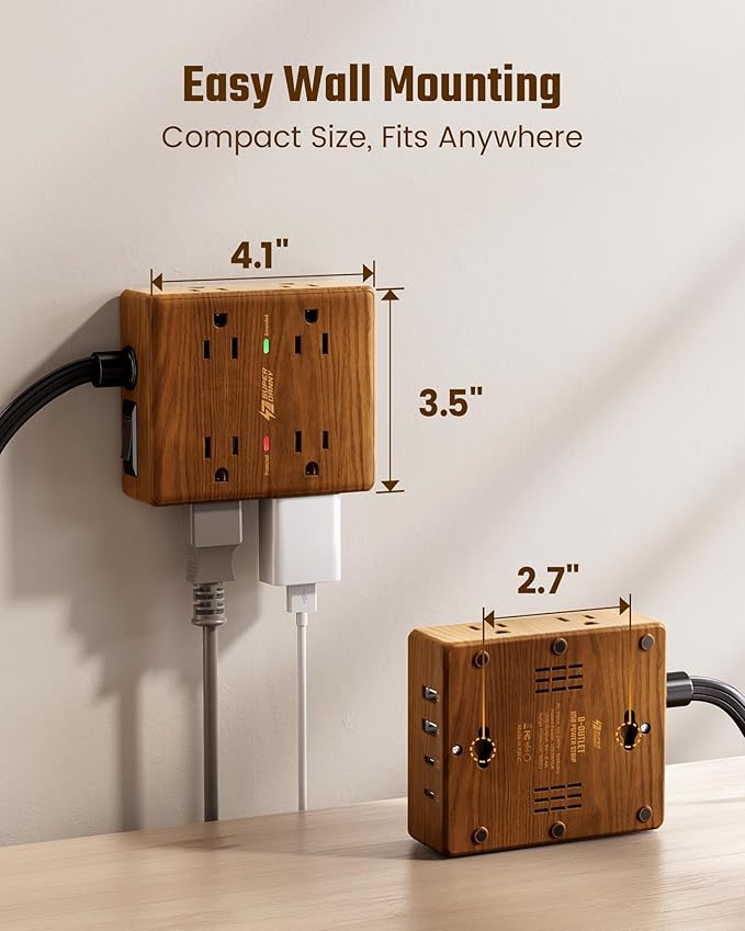 Brown Extension Cord 10Ft, Flat Plug Power Strip Surge Protector, 8 Outlets & 4 USB Ports (2 USB C), Desktop Charging Station Hidden Behind Furniture, Decorative Office Desk Accessories (Wood Grain)