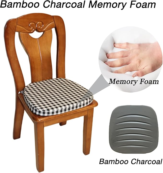 Collection Chair Cushion Memory Foam Pads with Ties - Kitchen Non Skid Rubber Back U Cushions with Machine Washable Cover (Small Black White,4)