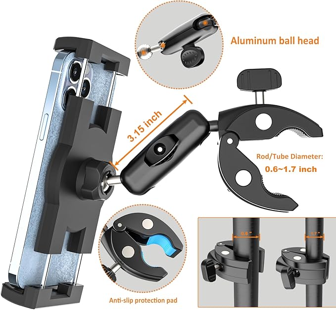 Motorcycle Bike Tablet Holder [Strong Stability & Durability] Bicycle Boat Stroller Gym Spin Bike Treadmill Tablet Mount Handlebar Clamp for iPad Pro Air Mini, Galaxy Tab, Kindle, Phone, 4-13"