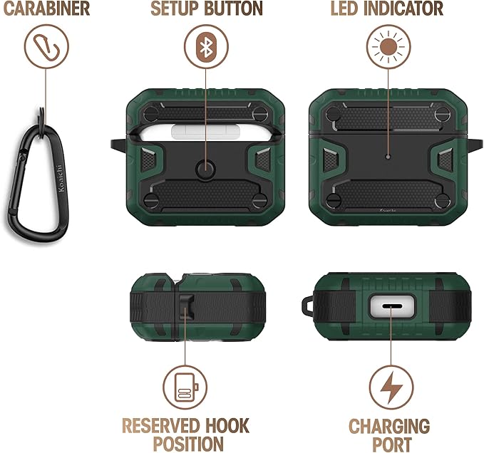 Koaichi Compatible with AirPods 3rd Generation Case(2021), Full-Body Rugged Hard Shell Protective Case Cover with Keychain Designed for AirPods 3 Case, Black/Green [US Patent Registered]