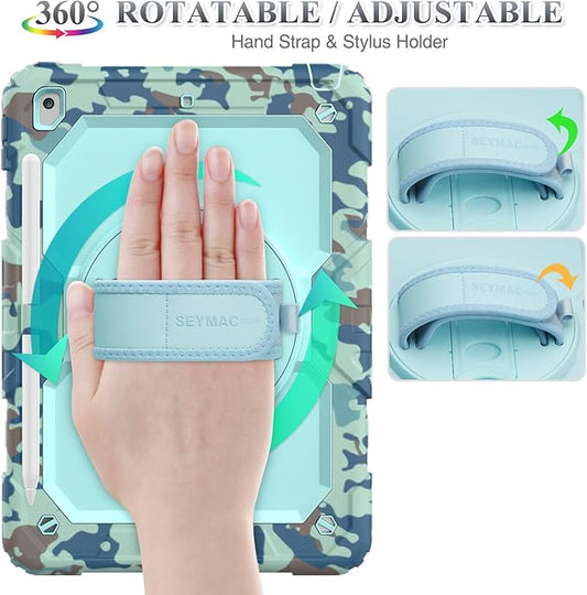 SEYMAC stock Case for iPad 9th/ 8th/ 7th Generation 10.2'', Shockproof with Screen Protector, Pencil Holder [360° Rotating Hand Strap] & Stand, for iPad 10.2 inch 2021-2019 (SkyBlue Camo)