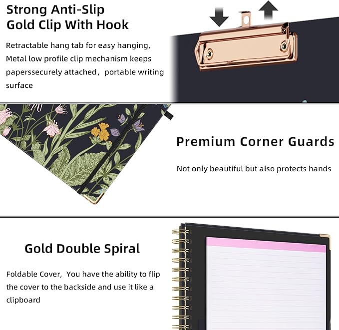 Ospelelf Clipboard with Storage 8.5 X 11，Padfolio Organizer, Spiral Portfolio Letter Size with Notepad, Pen Holder, 5 Extra Folder Divider Pages, Elastic Closure Nurse Essentials (Night Flowers)