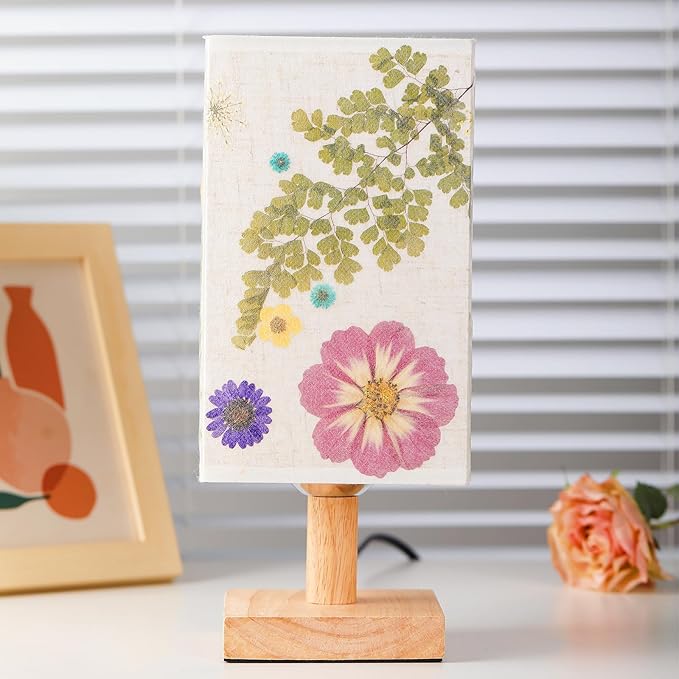 Dried Flowers Table Lamp 5W LED 3Color Temperatures Pressed Flower Bedside Lamp Square Linen Shade with Wood Base for Bedroom Living Room