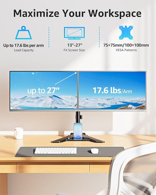 MOUNTUP Dual Monitor Stand - Freestanding & Height Adjustable Monitor Desk Mount, Steady VESA Mount Holds Max 17.6 lbs, Computer Monitor Stand for 2 Screens up to 27 inches, MU1002