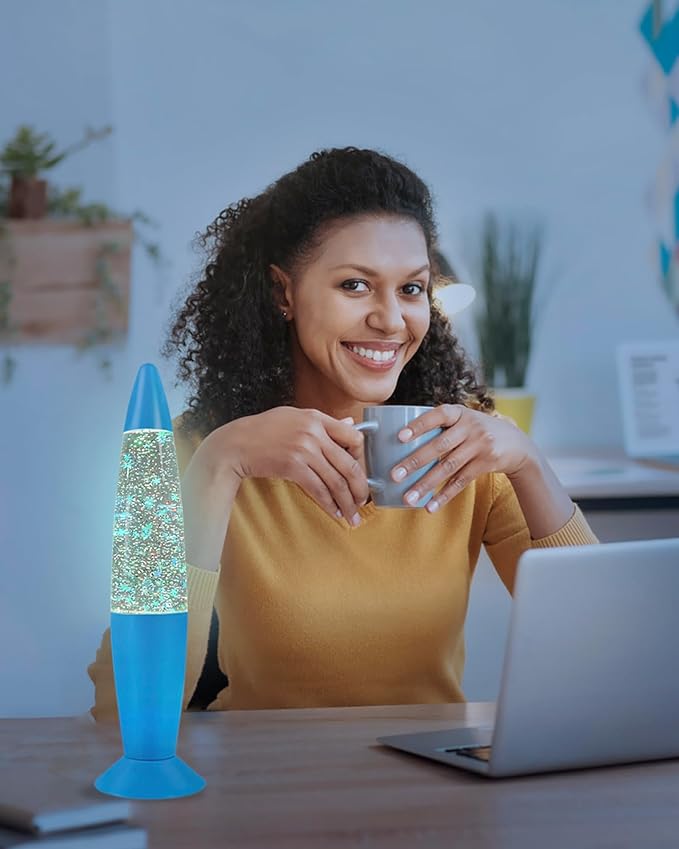 13 Inches Blue Glitter Lamp with Hexagonal and Pentagonal Sparkles Large Adored by Adults and Kids for Years, Glitter Blue Night Light for Boys Girls Bedroom Office Decor, Relaxing