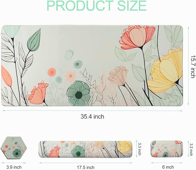 Petmolico Mouse Pad Set Wrist Rest with Keyboard Desk Pad,Mouse Pad with Wrist Rest,Typing Wrist Pad and Cup Coasters,Ergonomic Design for Typing Pain Relief[Light Brown,Big Flower]