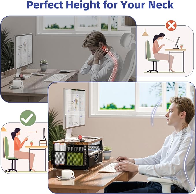 Simple Trending 2 Tier Monitor Stand Riser, Wood Computer Desk Organizer with Drawer and Pen Holder for Laptop Office, iMac, Brown