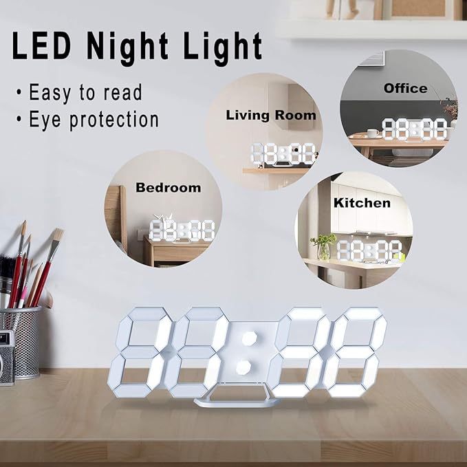EDUP HOME 3D LED Digital Wall Clock/Desk Alarm Clock with Remote Control for Kitchen Bedroom Office, 9.7" LED Night Light Decor Clock Adjust Brightness 12H/24H Time Date Temperature, Great Gift