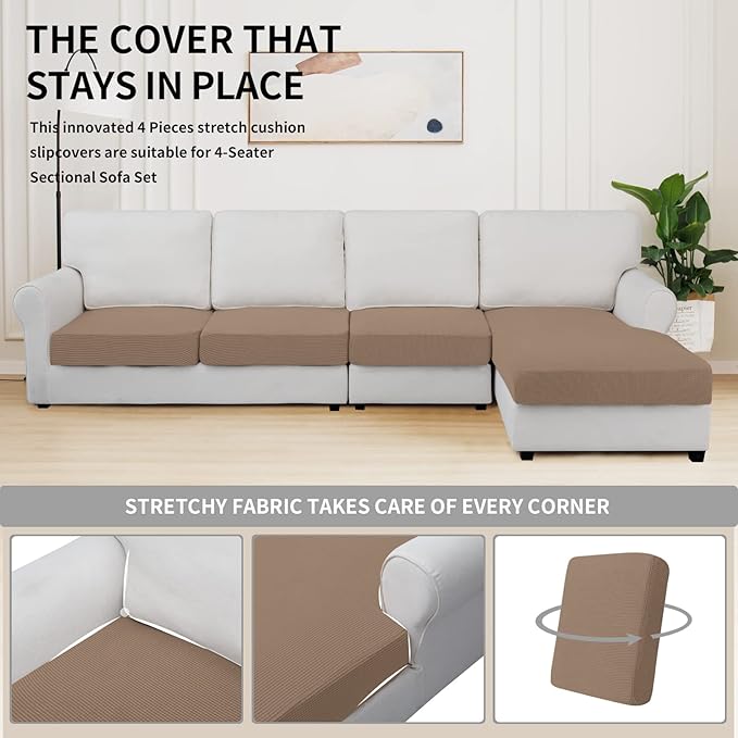 Easy-Going Stretch 4 Pieces Couch Cushion Covers for Sectional Sofa Left/Right L Shape Chaise Lounge Sofa Seat slipcover Anti-Slip Sofa Cover Soft (3 Seater + 1 Chaise, Camel)