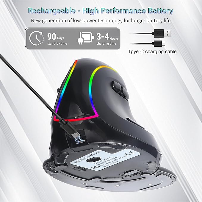 RGB Vertical Mouse 2.4G Wireless Bluetooth Wired Tri-Mode Ergonomic Mouse with Removable Palm Rest Portable Rechargeable Optical Mouse with LED Light for Laptop PC Desktop Notebook Tablet Adult Gifts