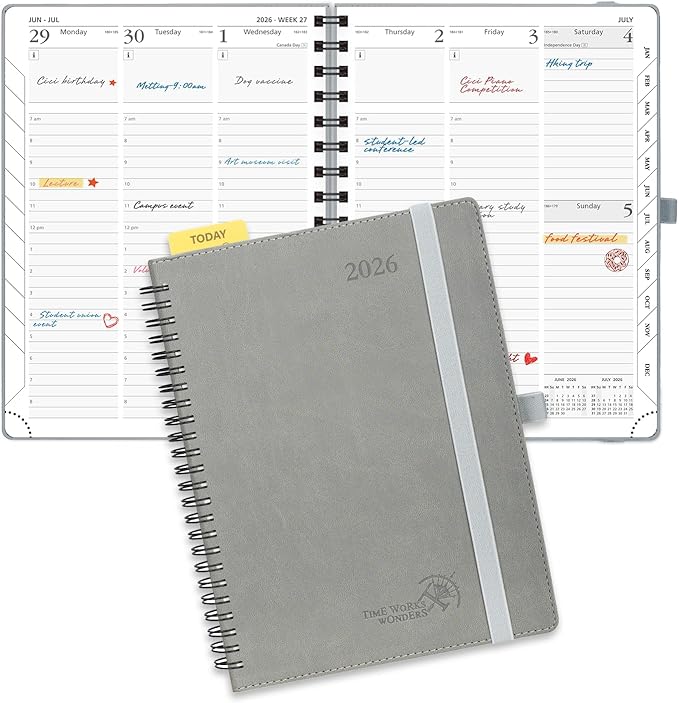 POPRUN 2026 Planner (Medium - 6.5'' x 8.5'') with Hourly Schedule, Vertical Layout - 2026 Weekly Calendar (Jan. 2026 - Dec.2026) for Time Management, Monthly Tabs, Spiral Bound, Soft Cover - Grey