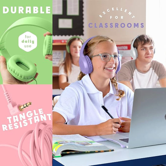 Classroom Headphones-Bulk 10-Pack, Student On Ear Comfy Swivel Earphones for Library, School, Airplane, Kids-for Online Learning and Travel, HQ Stereo Sound 3.5mm Jack (Mixed Colors)