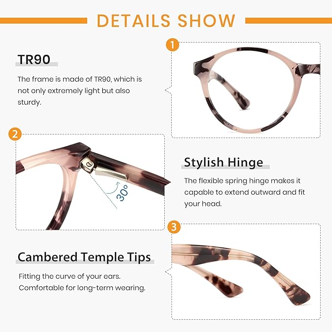 Cyxus TR90 Oversized Blue Light Blocking Glasses Women - Spring Hinge Round Frame Computer Use Anti Eye Strain 8018