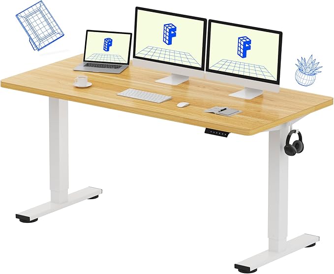 FLEXISPOT EN1 One-Piece Standing Desk, 60x24 Inches Large Electric Height Adjustable Sit Stand up Desk for Home Office (White Frame + Maple Desktop, 2 Packages)