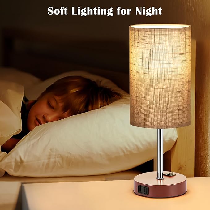 ZJOJO Table Lamp for Bedroom Set of 2, Bedside Small Lamps with 3 Way Dimmable Rocker Switch and AC Outlet, Nightstand Desk Lamp with Gray Fabric Shade Brown Base for Living Room Home Decor Lights